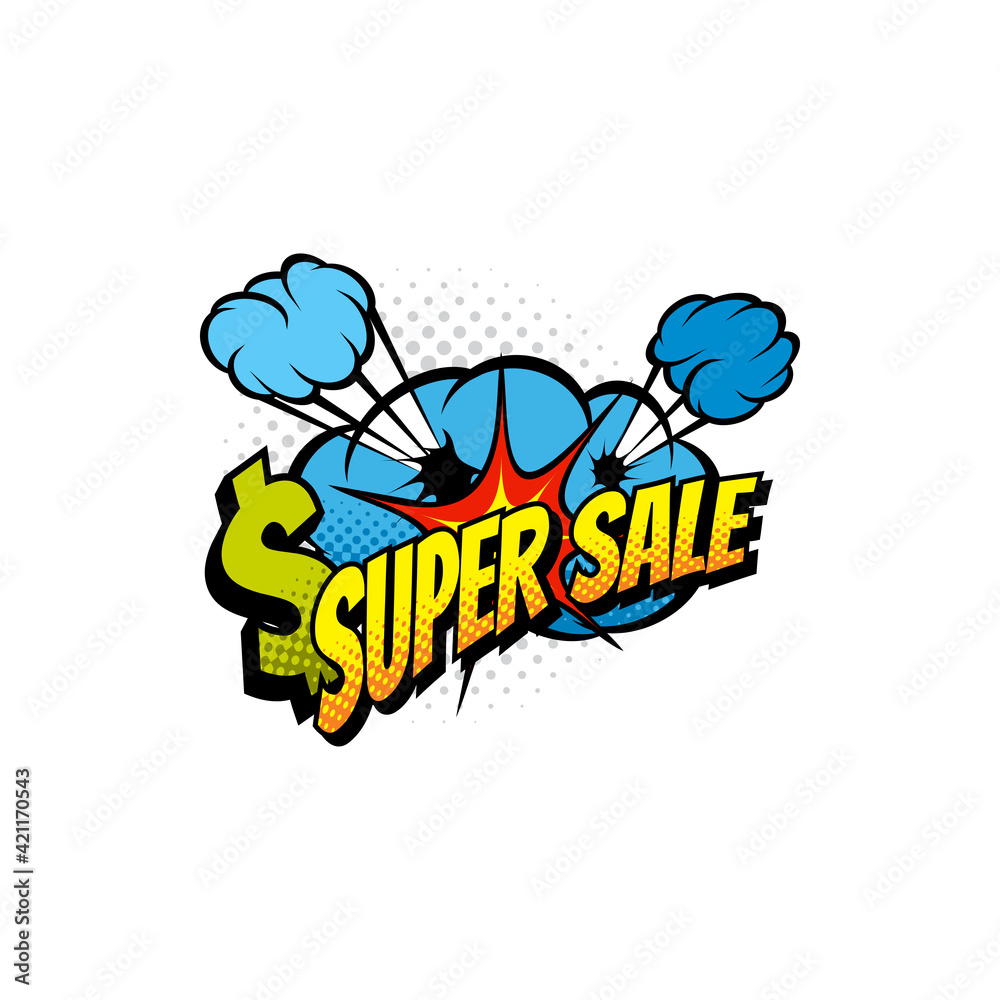 Comic price off label half tone super sale tag isolated comic retro style icon. Vector sale label sticker tag, Boom bang cloud, discount and dollar sign. Total clearance sale, promo price in shop