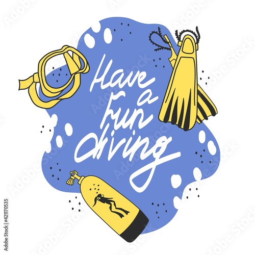 Diving stuff in vector illustration. Cartoon stile. Lettering. Funny text. Tank, suit, regulator, mask, light, bcd.
