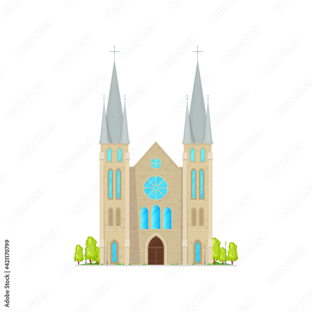 Church with tower, facade of building with cross, exterior design of medieval temple isolated cartoon icon. Vector catholic religion building with crucifix, religious landmark exterior, green trees