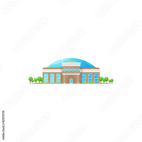 Retro big top circus building isolated entertainment house. Vector facade exterior of funfair arena, cirque with entrance door and windows, town city architecture. Carnival festival construction