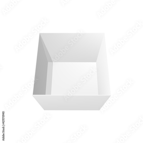 Open box 3d vector mockup top view, blank white square empty parcel cardboard with removed lid. Realistic package template, isolated container for gift or shoes