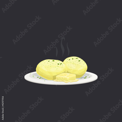 Boiled potato with dill and butter isolated cooked food with stream on plate. Vector buttered young or new potatoes, parsley greens, vegetarian food. Ukrainian and russian cuisine dish, nutrition food