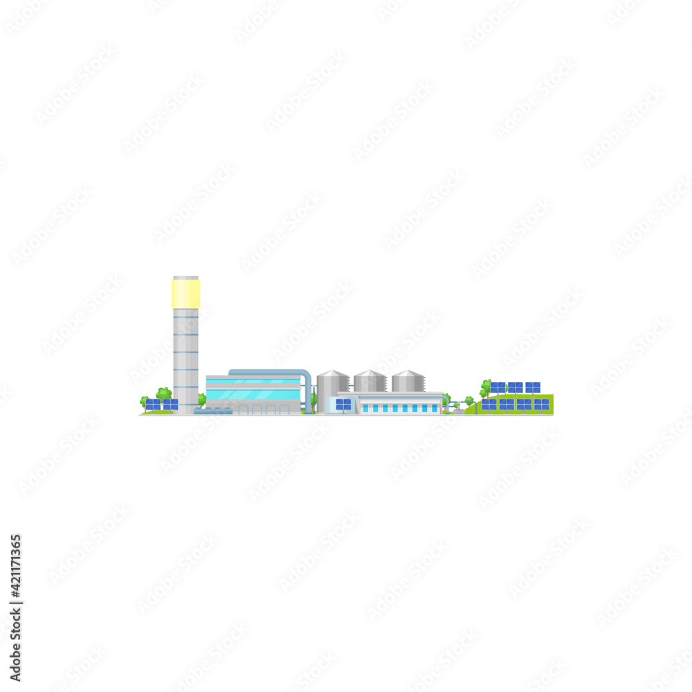 Obraz premium Energy, solar plant, green power panels, vector sun and environment electric station. Solar power plant, renewable sun energy generator farm factory, renewable and sustainable electricity industry