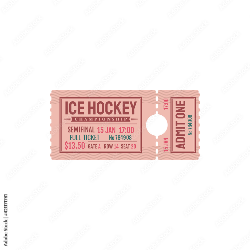 Ice hockey semifinal state tournament admits isolated invitation card. Vector grand ice arena admit one, price, date and gate, seat. Paper ticket invitation on game, city championship full ticket Ice hockey semifinal state tournament admits isolated invitation card. Vector grand ice arena admit one, price, date and gate, seat. Paper ticket invitation on game, city championship full ticket