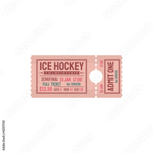 Ice hockey semifinal state tournament admits isolated invitation card. Vector grand ice arena admit one, price, date and gate, seat. Paper ticket invitation on game, city championship full ticket