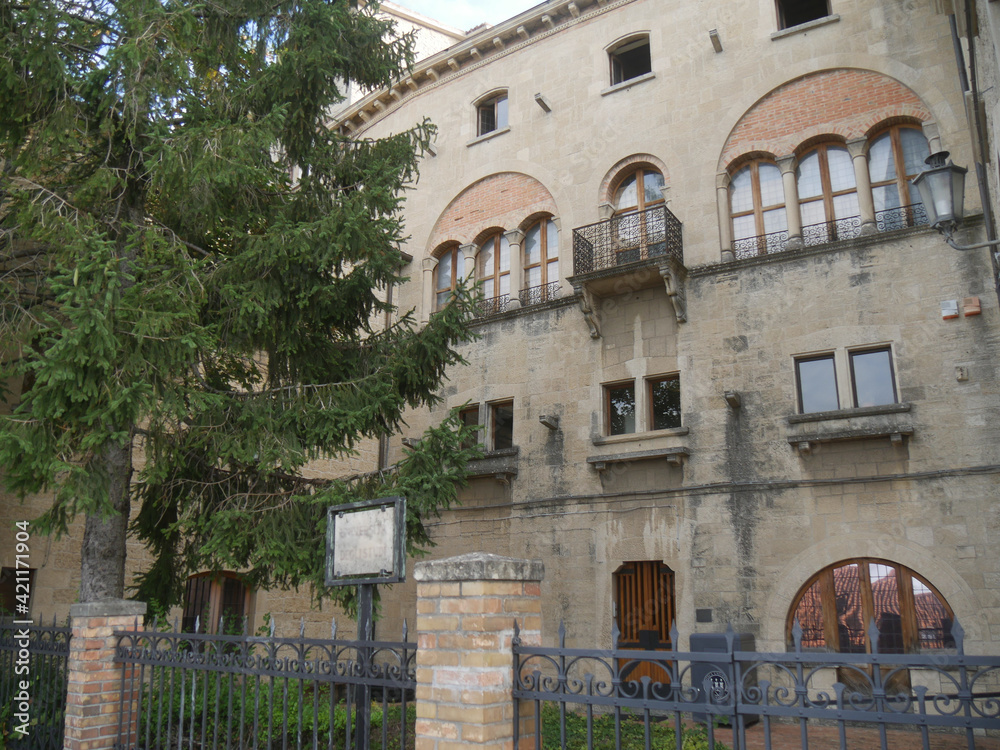 San Marino, University Palace. The facade of the University palace with its garden.