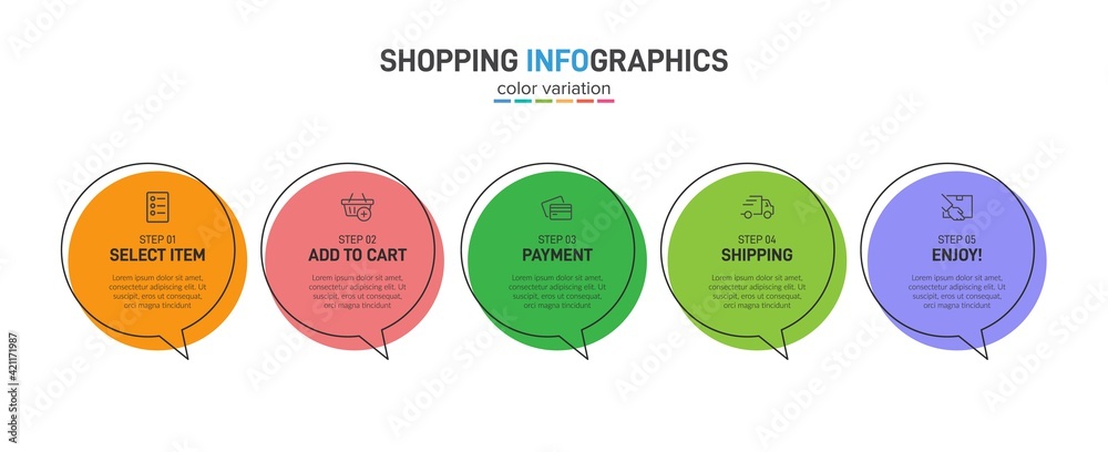 Concept of shopping process with 5 successive steps. Five colorful graphic elements. Timeline design for brochure, presentation, web site. Infographic design layout. Concept of shopping process with 5 successive steps. Five colorful graphic elements. Timeline design for brochure, presentation, web site. Infographic design layout.