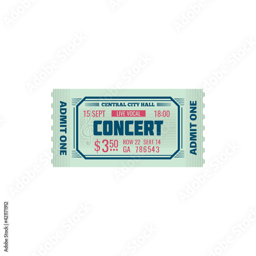 Ticket grand concert hall world famous music show isolated mockup template. Vector invitation on orchestra symphony, live music performance on stage. Full ticket admit one access to musical party