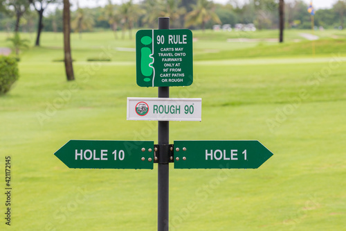 Signs for the tee off at the golf course, hole 1 and hole 10