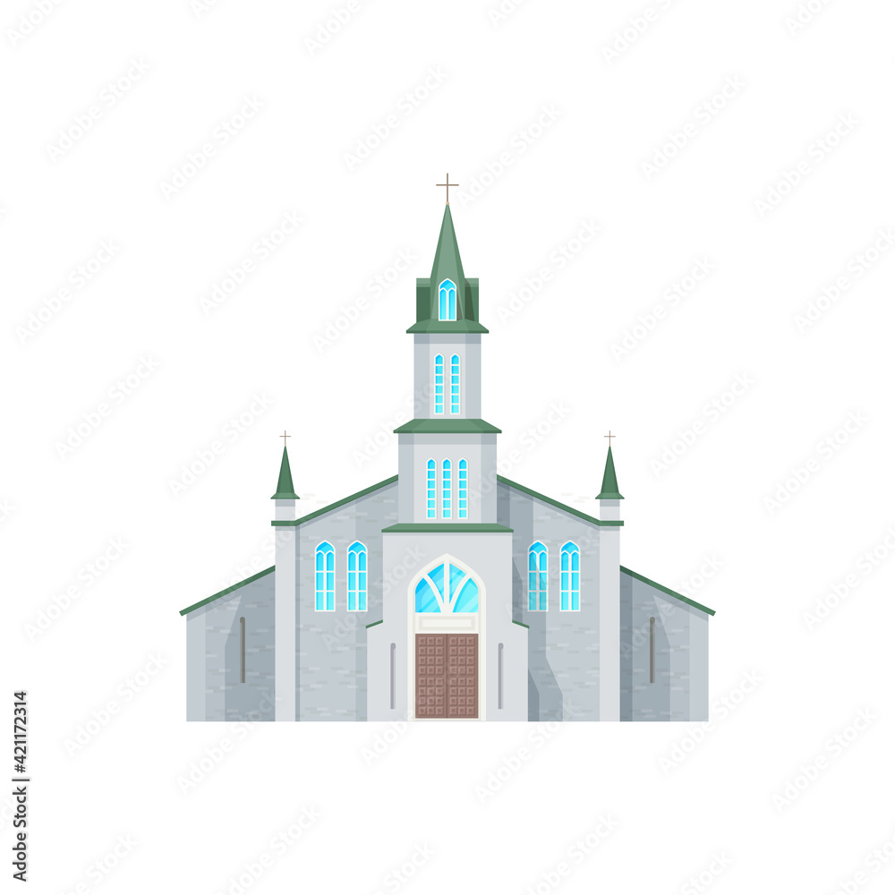 Catholic church building vector icon. Medieval cathedral with gothic arch windows. Chapel or monastery facade, christian church, evangelic religious architecture exterior design isolated cartoon sign