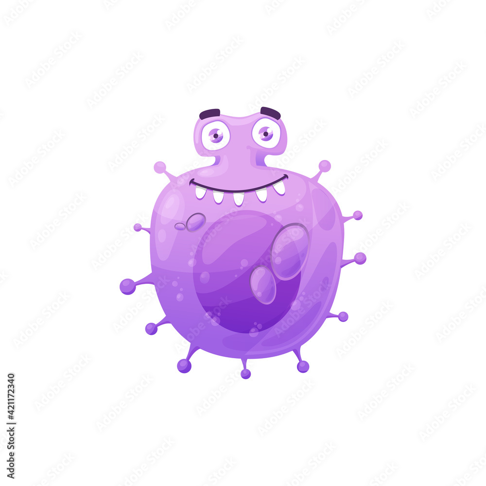 Cartoon virus cell vector icon, cute purple bacteria, happy laughing germ character with funny face and pimples. Smiling pathogen microbe with kind eyes and big teeth, micro organism isolated symbol Stock Vector | Cartoon virus cell vector icon, cute purple bacteria, happy laughing germ character with funny face and pimples. Smiling pathogen microbe with kind eyes and big teeth, micro organism isolated symbol Stock Vector |