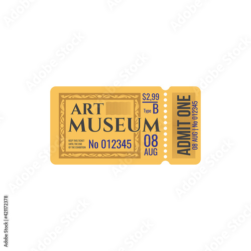 Full ticket to museum of art raffle voucher with date and price, cutting control line. Vector admit on performance or excursion in museum. Admission to visit cultural exhibition, coupon card