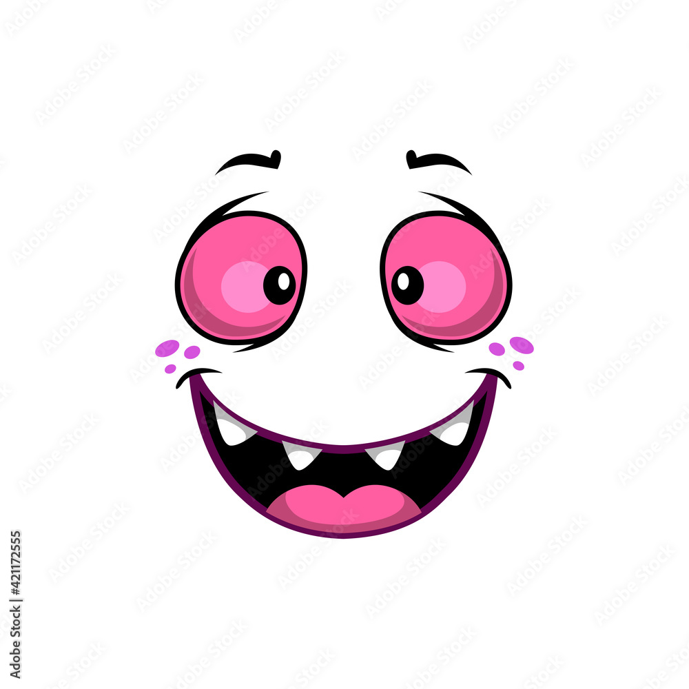 Cartoon face vector icon, funny emoji with wide smiling face and pink astonished eyes. Happy facial expression, positive feelings isolated on white background