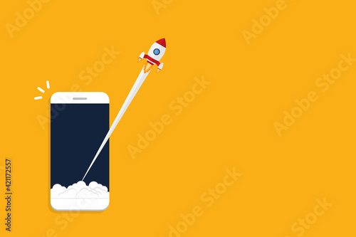 App launch. Startup vector concept, flat cartoon rocket or rocket ship launch, mobile phone or smartphone, idea of successful business project start up, boost technology, innovation.	