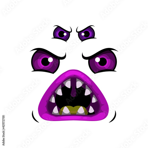 Monster face cartoon vector icon, roaring Halloween creature, emotion with many angry purple eyes and round toothy mouth. Creepy worm, alien or spooky emoji isolated on white background