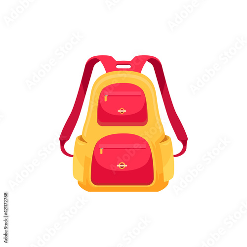 Kids schoolbag isolated vector icon, cartoon rucksack for schoolchild. Baby backpack for girl or boy of red and yellow colors, student knapsack on white background