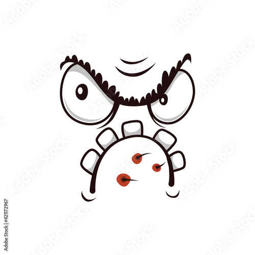 Monster face cartoon vector icon, grumpy creature, frowning emotion with angry eyes, toothy mouth and bristles on chin. Halloween ghost, alien or spooky emoji isolated on white background