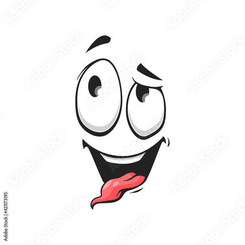 Emoticon with silly eyes, awkward face expression isolated icon. Vector stupid emoji with confused crazy eyes showing tongue. Strange emoji, crazy idiot mascot. Cheerful person social network emoji