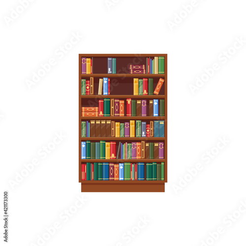 Bookcase vector icon, cartoon shelf with books in library, wooden bookstore with colorful spines on shelves isolated on white background. Literature archive symbol