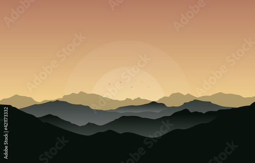 Beautiful Mountain Panorama Landscape in Golden Monochrome Flat Illustration