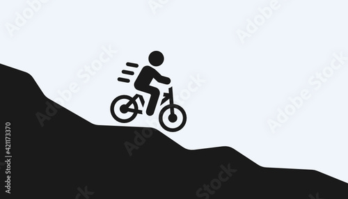 Mountain bike ride downhill vector illustration. Rider biking outdoor lifestyle. Cyclist riding with mtb, sport adventure. 
