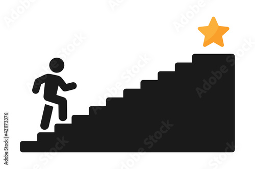 Man walking on stairs to reach goal. Challenge to climb step by step for successful career. Golden star as achievement.