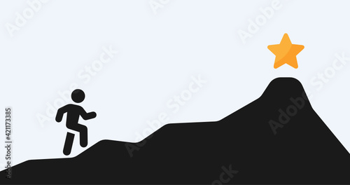 Way to success. Man challenge to climb mountain to reach golden star goal. Career steps for businessman. Vector illustration.