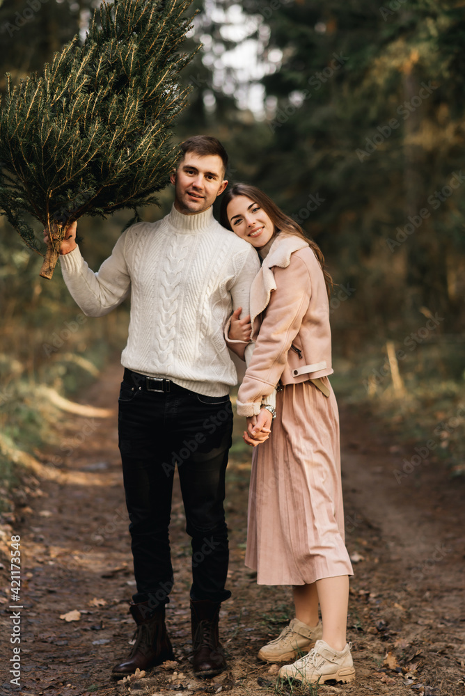 Young beautiful happy lovers man and woman, love story in winter with a live Christmas tree in a pine forest in the sun Young beautiful happy lovers man and woman, love story in winter with a live Christmas tree in a pine forest in the sun