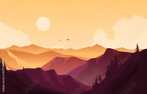 Beautiful Pine Forest Mountain Panorama Landscape Flat Illustration