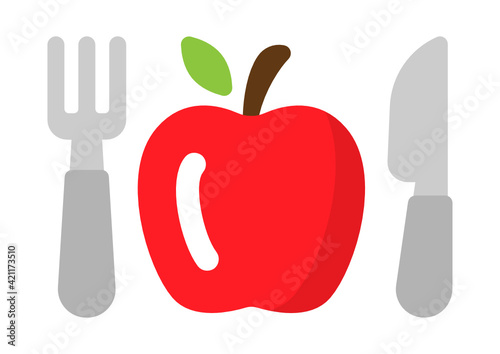 Diet vector icon. Red Apple for dinner for weigh loss, with fork and knife cutlery.