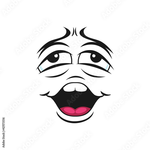 Tired or bored emoticon, exhausted face expression isolated flat cartoon character. Vector sleepy avatar with big eyes, open mouth with tongue. Indifferent uncertain emoji, comic smiley emoticon head