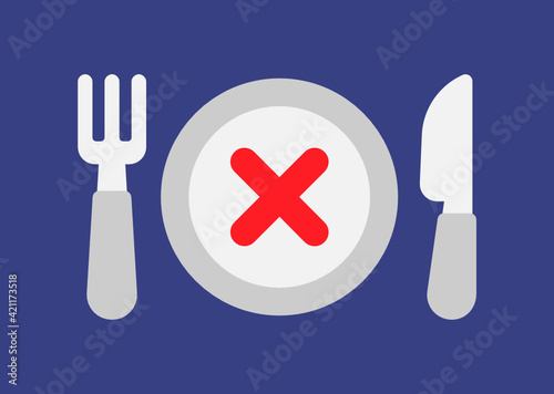 Diet vector illustration. Food restrictions. Skip meal fasting for weight loss. Plate, fork and knife.