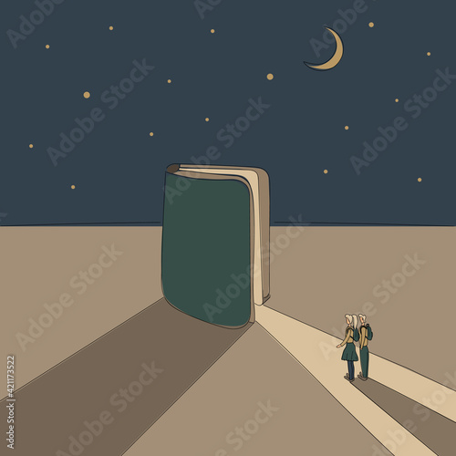 Concept:book is source of knowledge.Half-open book from which ray of light fall in which tiny boy and girl stand ready to immerse in reading.On background of a starry sky with month.Hand drawn vector