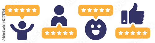 5 stars positive review of customer. Feedback with satisfaction rating.  Survey about quality service. Concept of best ranking. Choose icon of excellent. Good result in business. Vector icons set.