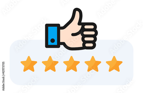 5 star rating. Positive review of customer. Feedback with satisfaction rating. Survey about quality service. Concept vector icon illustration.