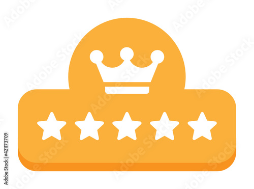 Five stars premium golden crown, vector illustration. Best quality of product. Privilege member icon badge isolated on white background.