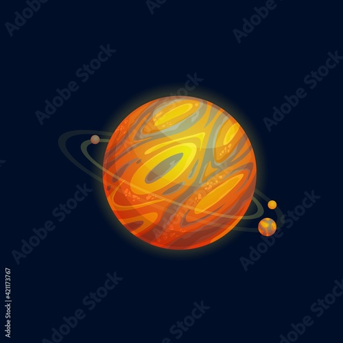 Martians world, fantastic mystery globe of orange color and flying orbiting rocks isolated cartoon icon. Vector habitable mysterious exoplanet in imaginary solar system, gui or ui games design element