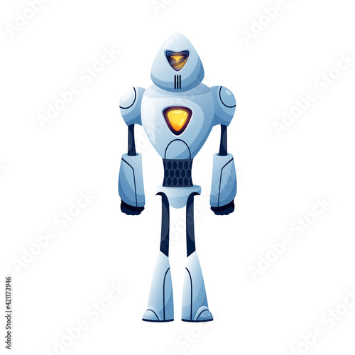 Sci-fi droid isolated robot cyberpunk with arms and legs. Vector hi tech technologies innovations machine helper, full length. Kids toy, artificial automated android modern technologies character