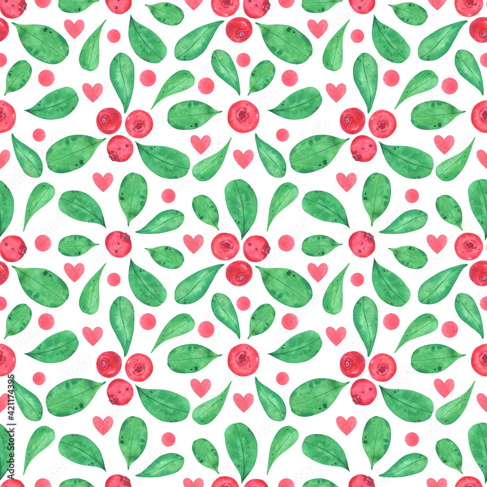 Seamless pattern cranberry watercolor. Red berry background. Wild berry, lingonberry illustration. Cranberries, green leaves, branches. For design business card, label Seamless pattern cranberry watercolor. Red berry background. Wild berry, lingonberry illustration. Cranberries, green leaves, branches. For design business card, label