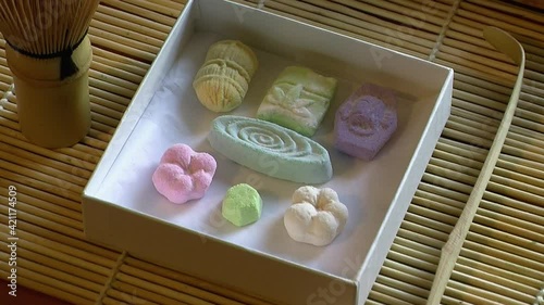 Camera slowly zooms in on a box of rakugan Japanese tea sweets as it is opened. photo