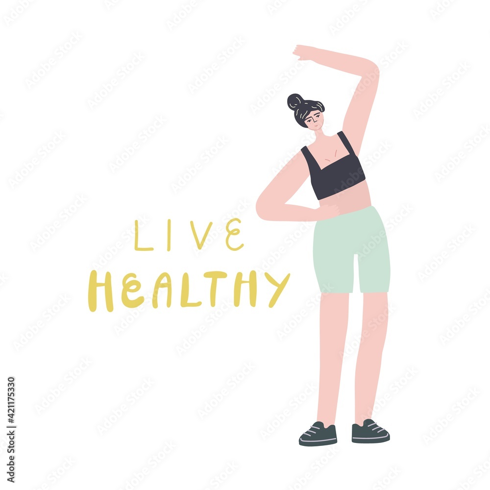 Woman and sport. Handwritten quote live healthy. Vector illustration