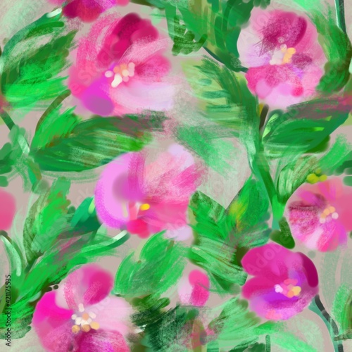 Seamless pattern of abstract pink flowers on a green background for textile. © smena16