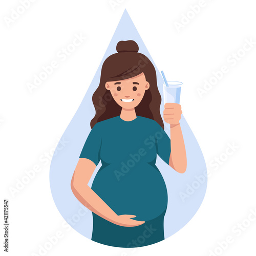 A woman drinks water in a flat style. Vector flat illustration of a pregnant woman drinking water from a glass. Healthy, drinking