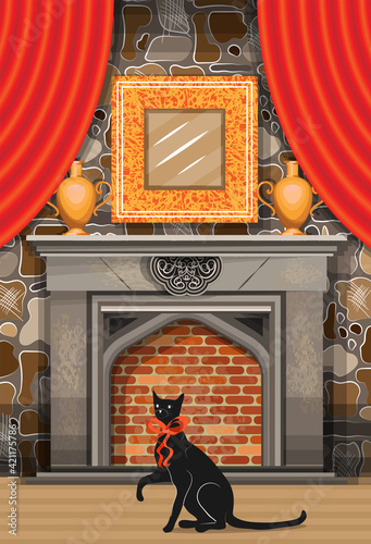 Large fireplace, decorated with copper vases and draped textiles against a stone wall. A black cat with a red bow sits next to the fireplace. Classic interior style. Vector illustration