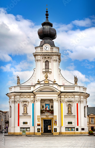 Fototapeta Naklejka Na Ścianę i Meble -  Papal basilica of Presentation of Blessed Vergin Mary at Rynek market square, known as Pope John Paul II square in Wadowice in Lesser Poland