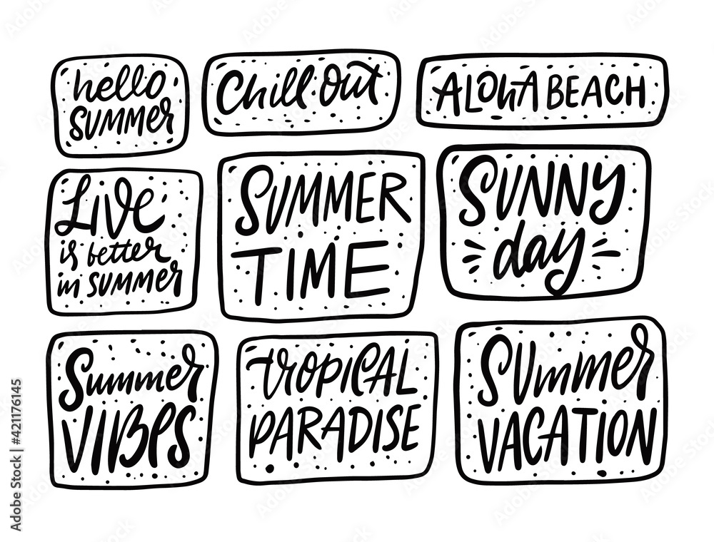 Summer phrases big set. Hand drawn black color lettering. Doodle sketch.