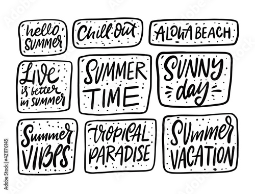 Summer phrases big set. Hand drawn black color lettering. Doodle sketch.