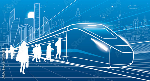Futuristic train at station. Passengers board on locomotive. Transportation infrastructure illustration. Vector outline design art