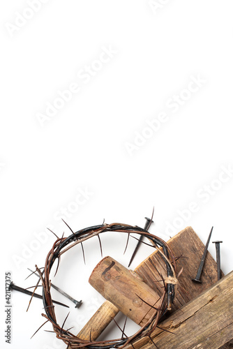 Good Friday  Passion of Jesus Christ. Crown of thorns  nails isolated on white background. Christian Easter holiday. Top view  copy space. Crucifixion  resurrection of Jesus Christ. Gospel  salvation