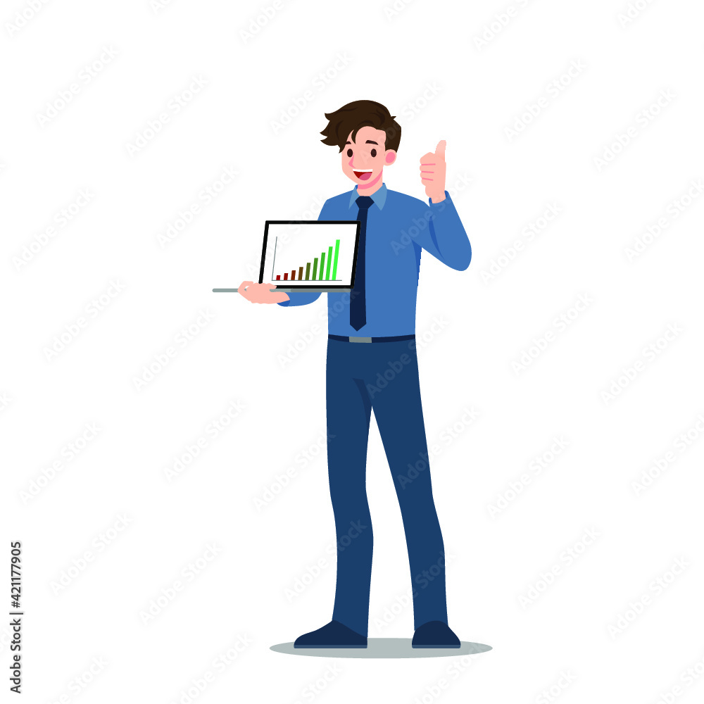 Businessman stand and smiling, holding a laptop showing a good and profitable stock performance and raising his hand and do a symbol it as excellent. Vector illustration flat design. Businessman stand and smiling, holding a laptop showing a good and profitable stock performance and raising his hand and do a symbol it as excellent. Vector illustration flat design.